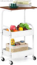 Shopping Carts Omicron 3-story kitchen rolling 16.54 inch storage car with wooden countertop white Q240227