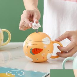 Mugs Mug Round Spherical Cartoon Animal Ceramic Bottle With Er Spoon High Temperature Resistant Couple Big Belly Cup Drop Delivery Dhpjf