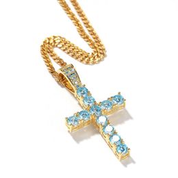 Light Blue Diamond Cross Pendants Necklace Jewelry Platinum Plated Men Women Lover Gift Couple Religious Jewelry156a