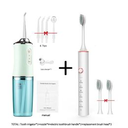 Oral irrigator and Electric toothbrush ipx7 replacement brush head portable dental water flosser with 4 nozzles usb rechargeable 240219