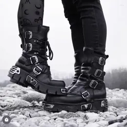 Boots Men's Fashion Genuine Leather Motorcycle Gothic Skull Punk Design Rock Women Mid-calf Metallic Combat Boot48