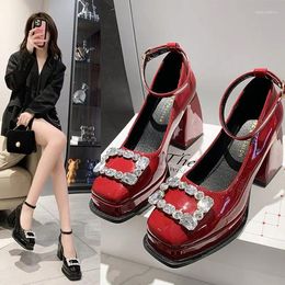 Dress Shoes Rhinestone Red High Heels Platform Pumps Women's Square Toe Thick Mary Janes Woman Pu Leather Party