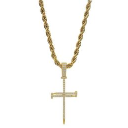 Gold Zircon Nail Cross Pendant Gold Silver Copper Material Iced Out Cross CZ Pendants Necklace Chain Fashion Hip Hop Jewelry224A