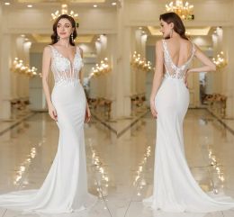 Sexy Backless Mermaid Wedding Dresses Deep V Neck Appliques Ivory Bridal Gowns Sweep Train Robes Under 50 CPS3040