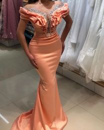 Elegant Crystal Beaded Long Mermaid Prom Dresses Ruched Off The Shoulder Long Satin Formal Occasion Dress For women 2024 Empire Waist Slim Fit Sexy Evening Gowns