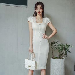 Party Dresses Elegant Formal Dress White Square Collar Short Sleeve Pencil 2024 Summer Solid Colour Slim Bodycon Office Lady