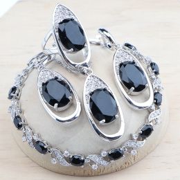 Sets 925 Sterling Silver Jewelry Sets Women Bridal Wedding Black Zircon Stone Earrings Rings Pendant Bracelets Necklace Set