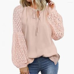 Women's Blouses Women Spring Fall Shirt Hollow Out Lace Patchwork Elegant Lantern Sleeve Up Strap Round Neck Commute Blouse