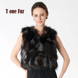 Fur New Arrival 100% Real Fox Fur Vest For Women True Female Nature Fox Fur Gilet Wholesale Ladies Pure V Neck Waistcoat KNT35