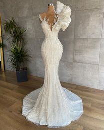 2024 Luxury Mermaid Wedding Dresses Jewel Neck Illusion Sleeveless Lace Crystal Beads 3D Floral Flowers Ruffles Plus Size Bridal Gowns