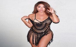 Beach Wear Women Hollow Out Beach Cover Up See Through Black Crochet Bikini Cover Ups Tassel Coverups Swimwear Dress Swimsuit18452348