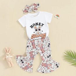 Clothing Sets Toddler Baby Girl Easter Outfits Short Sleeve Letter Print T-Shirt Bell-Bottom Pants Kids Summer Clothes