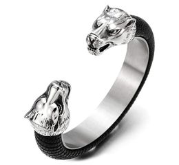 Mens Steel Wolf Head Open Cuff Bangle Bracelet Inlaid with Black Leather Elastic Adjustable 3625131