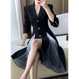 Casual Dresses Women Slim Black Suit Dress Spring Autumn 2024 Korean Office Lady Graceful Metal Button Mesh Patchwork Workwear Female