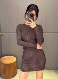 Casual Dresses Knit Brown Short Party Dress O Neck Long Sleeve Sheath Womens Blingbling Diamond Striped Luxury Woman Clothing