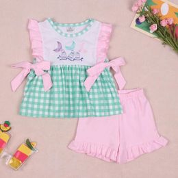 Clothing Sets 2024 Children's T-shirt Short Sleeve Summer Girls Fishtail Embroidery Green Lattice Top Clothes And Pink Shorts Baby