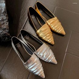 Dress Shoes Genuine Leather Pointed Toe Pleated Low Heels Women Pumps Solid Colour Slip On Fashion Concise Casual Office Elegant Female