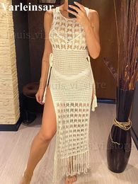 Women's Swimwear S- XL Sexy Hollow Out Fringe Tassel Knitted Crochet Tunic Beach Cover Up Cover-ups Beach Dress Beach Wear Beachwear Female V3800 T240227