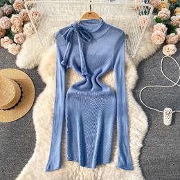 Casual Dresses Elegant Bow Neck Long Sleeve Knit Bodycon Pencil Dress Slim Basic Sweater Vestido Sexy Women Autumn Winter Clothing