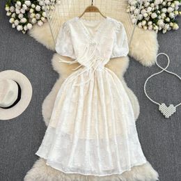 Party Dresses Summer Retro Buckle Bubble Short-sleeved V-neck Waist-slimming Medium-length Section A Word Large Swing Chiffon Dress