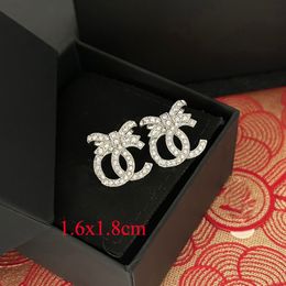 Luxury Womens Charm Earrings Bowknot Crystal Rhinestone Earring Letter C Designer Jewelry Fashion 925 Silver Plated Metal Earrings Accessories Gifts Back Stamp