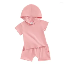 Clothing Sets Toddler Baby Girl Summer Outfit Solid Colour Hooded Short Sleeve T-Shirts Elastic Waist Shorts 2Pcs Clothes Set