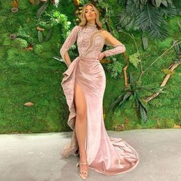 2021 Velvet Prom Dress Mermaid High Neck Long Sleeves Beads Lace Side Split Formal Evening Party Wear Custom Size2955