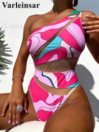 Women's Swimwear Sexy Printed Mesh Sheer Splicing One Shoulder One Piece Swimsuit Women Swimwear Female Monokini Bather Bathing Suit Swim V4399 T240227