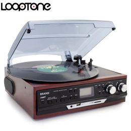 Turntables LoopTone Bluetooth Stereo Phono Turntable Vinyl LP Record Player With AMFM Radio USB/SD Aux Cassette MP3 Recorder Headphone Jack