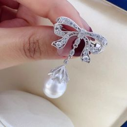 Jewelry MeibaPJ 1011mm Natural White Rice Pearl Bow Brooch S925 Solid Silver Corsage Fine Jewelry For women's Gift