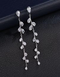 white gold Colour plated fashion long ladies tassell earings with cubic zirconia for women wedding party acccessories3787430
