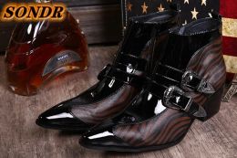 Korean Style Men Genuine Leather Shoes Pointed Toe Double Buckle Strap Ankle Boots Winter Dress Business Shoes Hombres Botas