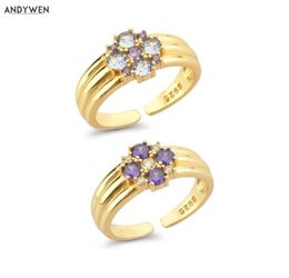 ANDYWEN 925 Sterling Silver Gold Flower Zircon Purple Blue lighter Ring Resizable Women Fine Jewellery Wedding Gift 2202239707864