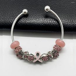 Charm Bracelets Pink Rhinestone Inlaid Metal Big Hole Beads Ribbon Charms Bracelet Breast Cancer Awareness Jewellery Opening Bangle