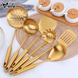 110PCS Stainless Steel CookwarLong Handle Set Gold Cooking Utensils Scoop Spoon Turner Ladle Tools Kitchen 240226