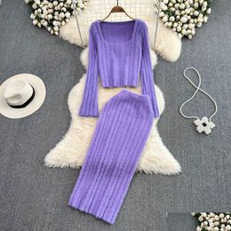 Two Piece Dress Womens Mohair Wool Knitted Square Collar Sweater And Midi Long Skirt 2 Piece Dress Suit Drop Delivery Apparel Women'S Dhxar