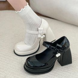 Dress Shoes Fashion Black White Platform Pumps For Women Bowknot Strap Thick Heels Mary Jane Woman Sweet High Heel Party Ladies