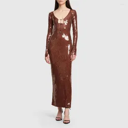 Casual Dresses Brown Sequins Long Dress Women Spring 2024 Sexy Low Bust Full Sleeve Party Club Evening Khaki Slim Vestidos BD2486