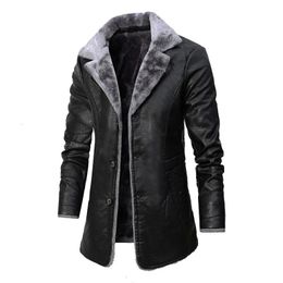 arrived 2023 Men Winter Leather Jacket Lapel Fleece Motor Biker Business Casual Long Faux Coats 240223