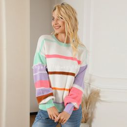 Women's Sweaters New Pullover Round Neck Long Sleeve Top Women European And American Personality Striped Contrasting Dopamine Drop Shoulder Sweater Women