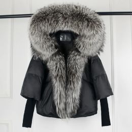 Coats 2023 New Winter Large Real Sliver Fox Fur Trim Knitted Sleeve Puffer Jacket Women Loose Thickened Parka Casual Duck Down Coat