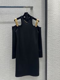 Milan Runway Dress 2024 Black Off The Shoulder Slim Women Dress Designer Logo Chain Bodycon Cotton Dresses Party 22710