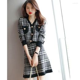 Work Dresses EWSFV 2024 Autumn Women Knitted Dress Suit Hepburn Style V-neck Full Sleeve Cardigan Coats Mini Skirt Two-Piece Set