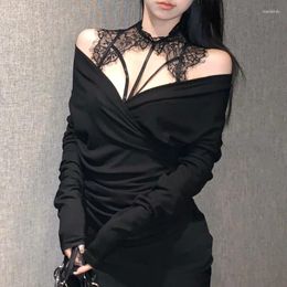 Women's T Shirts 2024 Spring High Street V-neck Cross Pleated Casual Long-sleeved T-shirt Women Sexy Slim Lace Camisole Two-piece Suit