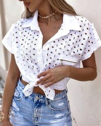 Women's Blouses Women Sexy Lace Patchwork Hollow Out Shirt Blouse Long Sleeve Mesh Design Tops 2024 Summer White Vintage Button Shirts