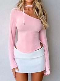 Y2K Off Shoulder Sexy Summer Crop Top Womens 2024 Spring Pink Long Sleeve Slim Fit Basic T-shirt Casual T-shirt 240227