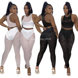 2024 Designer Tracksuits Spring Outfits Women Sleeveless Tank Crop Top Mesh Patchwork Leggings Two Piece Sets Sexy See Through Clothes Wholesale