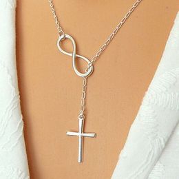 Whole-N606 Personality Infinity Cross Lariat Pendant Necklaces Silver Plated European Collares Necklace Forever Faith Necklace326q