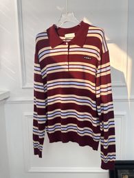 High End 2024 Wine Red Striped Knitting Polo Shirts Designer Lapel Neck Long Sleeves Letter Embroidery Loose Women's Sweaters 22793
