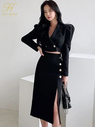 H Han Queen Spring Autumn 2 Pieces Set Women Cropped Blazer Fork Pencil Skirts Casual Simple Office Lady Skirt Suit 240226